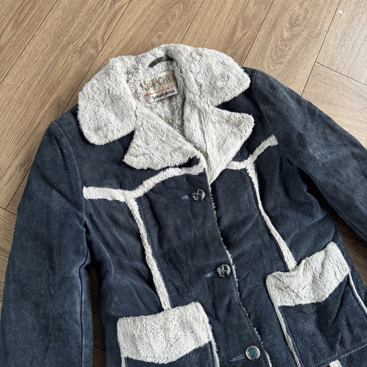 Vintage Schott Rancher Suede Jacket 70s Women’s Size M Navy Western Shearling