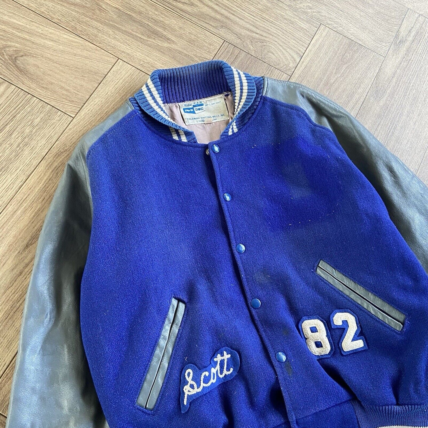 Vintage Letterman Varsity Jacket 80s Size L Blue Grey Leather Wool