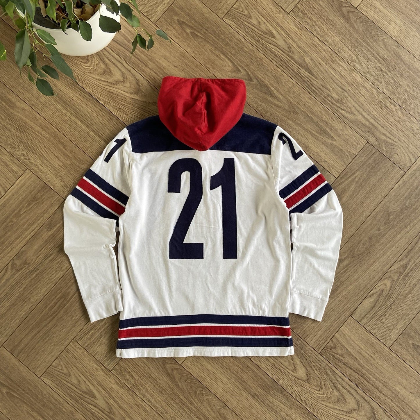 Vintage Polo Ralph Lauren Hoodie Fits M 90s Hockey Pullover Rare White Red Navy
