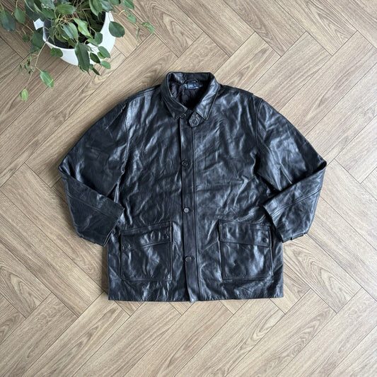 Vintage Polo Ralph Lauren Black Leather Jacket 90s Size XL Coat Duster Overcoat