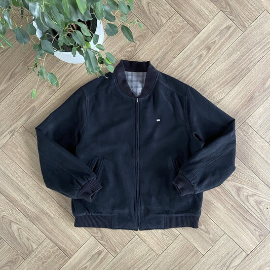 Vintage Lacoste Reversible Bomber Jacket 90s Size XL Black Grey Check Wool