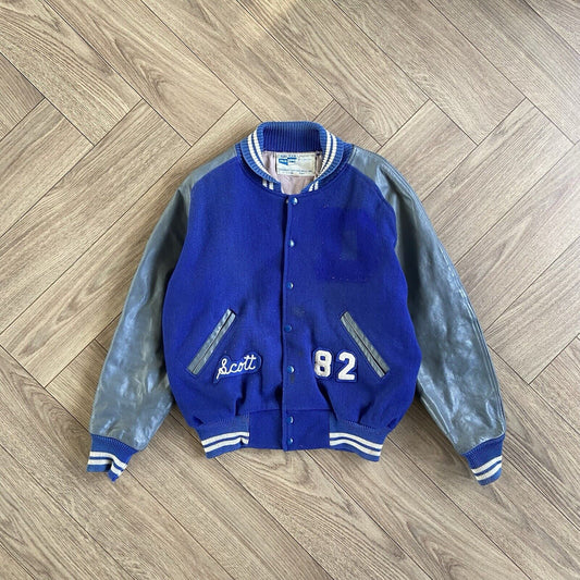 Vintage Letterman Varsity Jacket 80s Size L Blue Grey Leather Wool