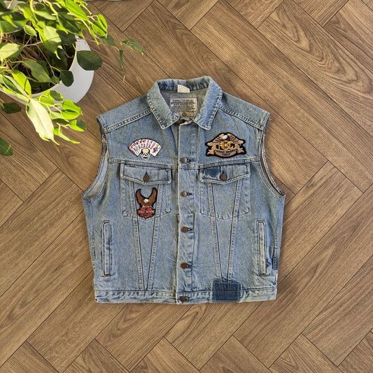 Vintage Avirex Denim Trucker Vest Size L 80s Blue Italian Harley Davidson Patch