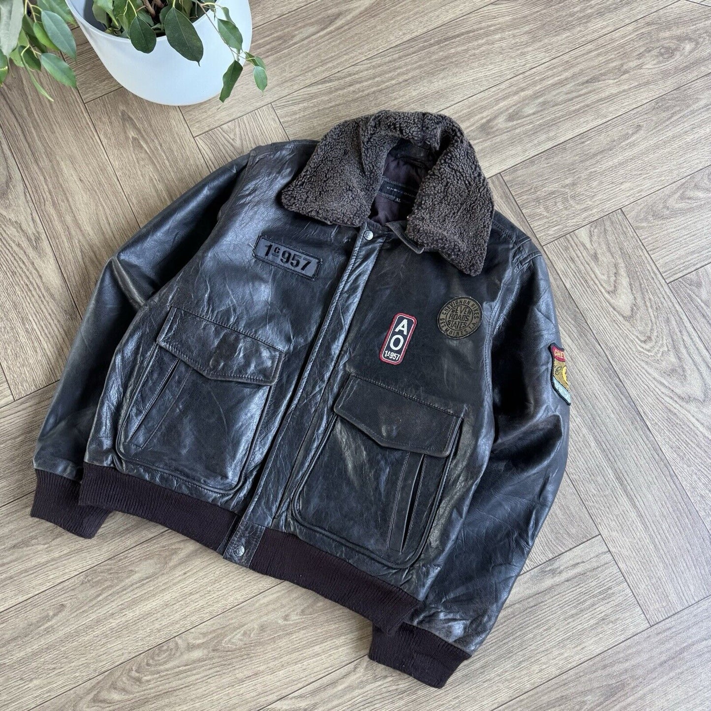 Vintage Chevignon Leather Bomber Jacket Size XL 80s Brown Americana A-2 G-1