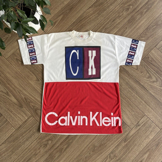 Vintage Big Print Graphic T Shirt 90s Size L Colour Block Red White