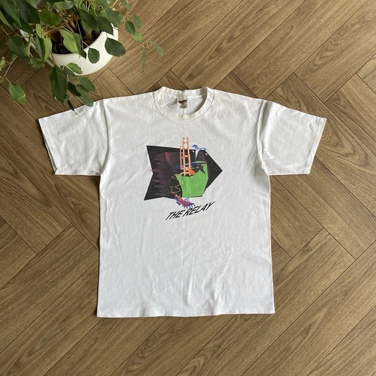 Vintage Marathon Run T Shirt Size L 90s White Graphic Print