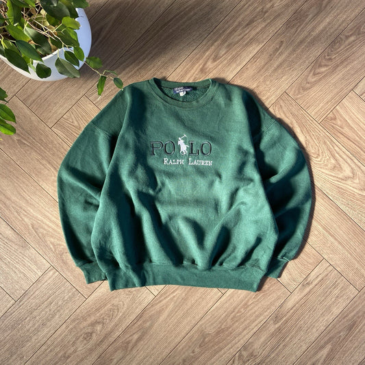 Vintage Polo Ralph Lauren Sweatshirt 90s Size L Green Embroidered