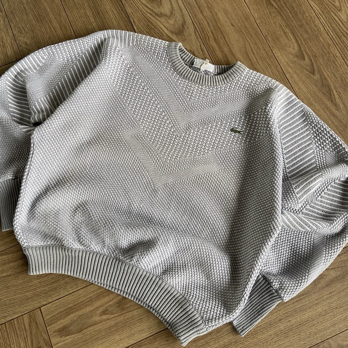 Vintage Chemise Lacoste Knit Jumper 80s Size L Grey Chunky Argyle Cable