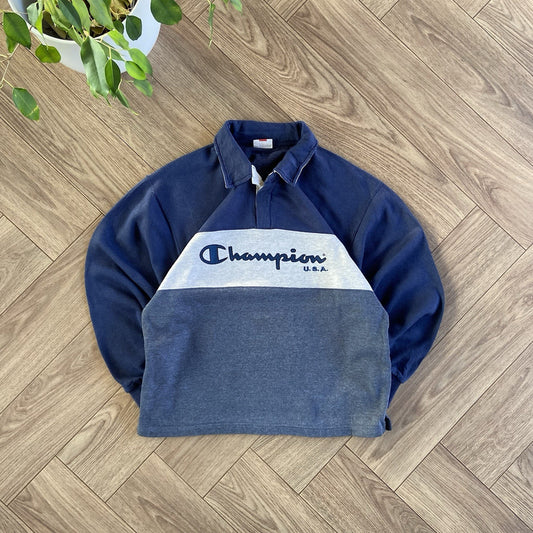 Vintage Champion Collared Sweatshirt 90s Size S Navy Blue Heavyweight