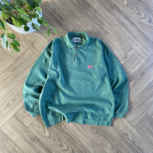 Vintage Levi’s Collared Sweatshirt 80s Size L Green Heavyweight Embroidered